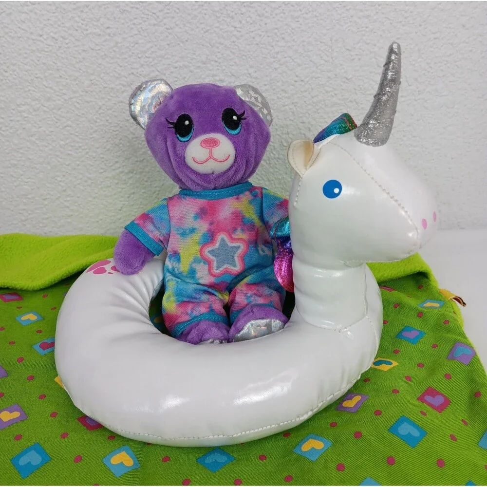 Build a Bear Mini Purple Silver Bear Stuffed Unicorn Float Green Fleece Blanket
